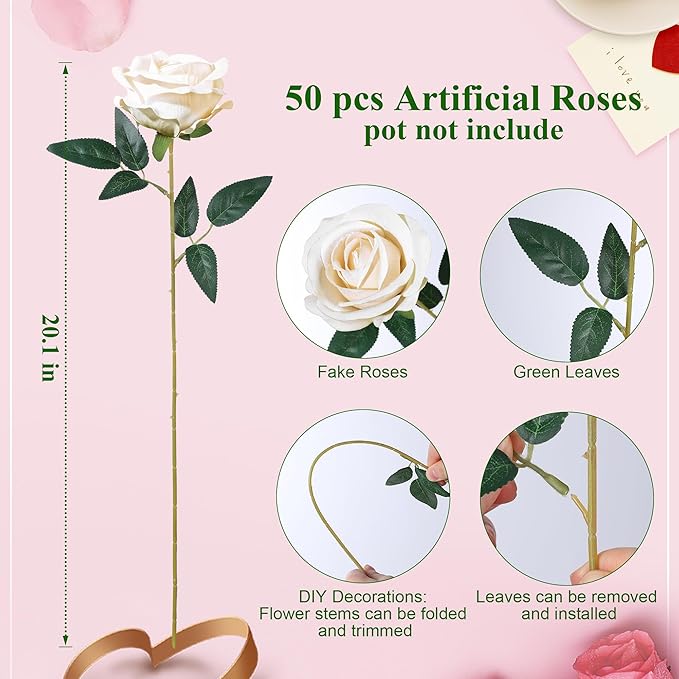 50 PCS Champagne Roses Artificial Flowers, Fake Roses with Stem Realistic Silk Rose for DIY Wedding Bouquets Table Centerpieces Arrangements Baby Shower Birthday Home Decor Valentines Day Gift for Her