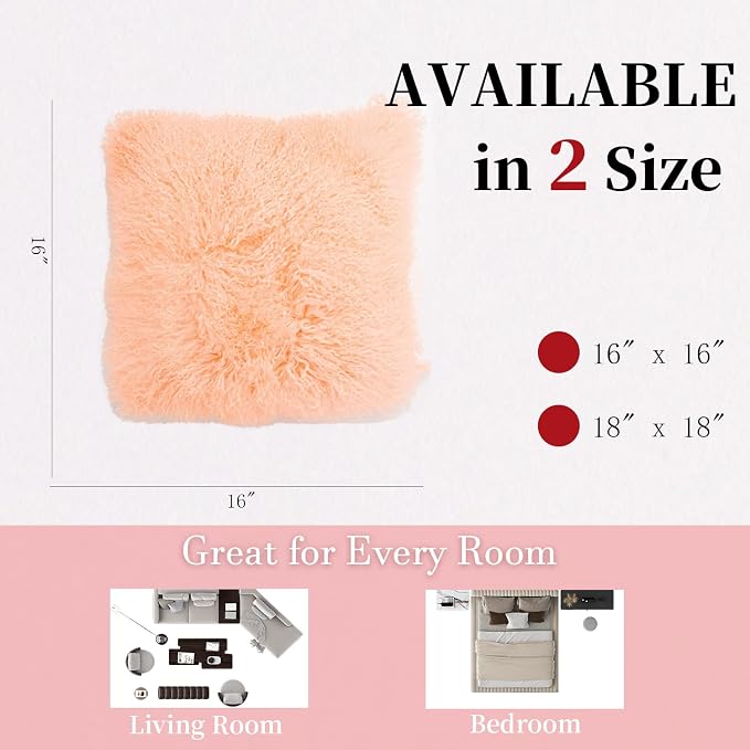 Seek4comfortable Mongolian Lamb Fur Throw Pillow Cover Real Fur Decorative Cushion Cover Pillow Case Home Decorative Square Throw Pillow Cover Plain Wool Pillow Protector, Pink (16"x16")