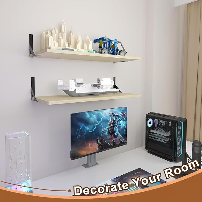 Large Wall Shelves, 31.5" W x 12" D Long Floating Shelves Set of 2, Wide Display Wood Shelf Wall Mounted with Heavy-Duty Metal Brackets for Bedroom Books, Living Room, Kitchen, Natural Wood