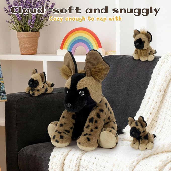 MorisMos 4 Pcs African Wild Dog Stuffed Animals, 18 Inch Mommy with 3 Baby Cubs, Soft Fluffy Animal Plush Toys Gifts for Kids, Wildlife Lovers & Collectors