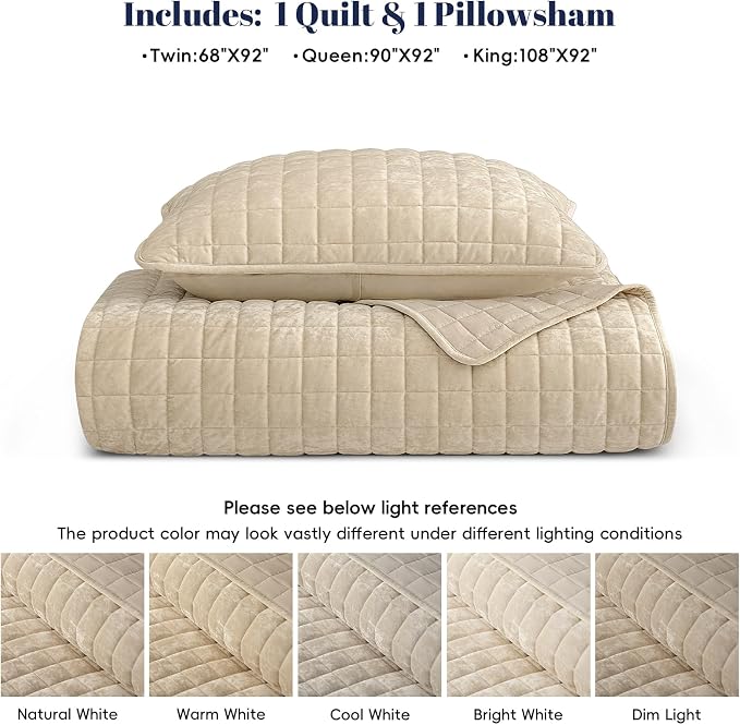 PHF Luxurious Velvet Quilt Set Twin Size – 2PCS Super Soft Quilted Comforter Alternative with Square-Box Quilt Pattern, Warm Quilted Bedspread Coverlet, 68" x 92", Oxford Tan