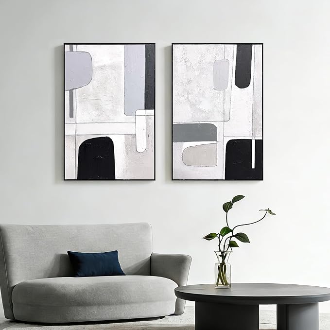 SAFERRYHOME Abstract Textured Hand Painted Wall Art, Large 3D Texture Minimalist Framed Canvas Wall Decor, Modern White Black Painting Geometric Artwork for Home Office Living Room, 24"x36"x2