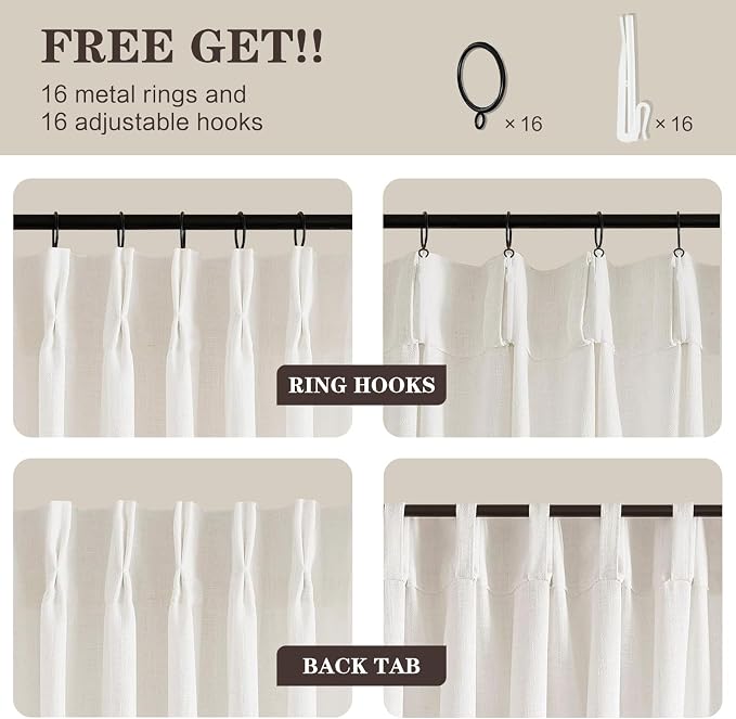 Beige White 108 Inch Curtains Pinch Pleated Curtain for Living Room, Floor to Ceiling Extra Long Light Filtering Pleat Drapes Textured Thick Semi-Sheer Curtains for Bedroom Farmhouse, 2 Panels
