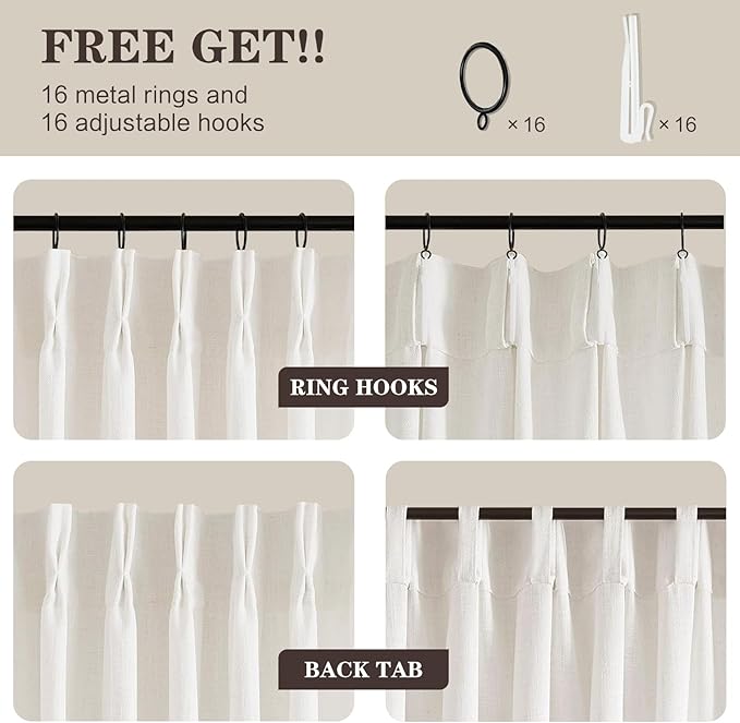 90 Inch Curtains Pinch Pleated Linen Curtain for Living Room, Beige White Light Filtering Pleat Drapes Textured Thick Semi-Sheer Sliding Glass Door Curtains with Hooks for Bedroom Farmhouse 2 Panels