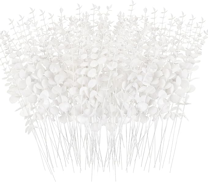 Canlierr 50 Pcs Eucalyptus Stems Faux Greenery Artificial Eucalyptus Leaves Decor Greenery Stems Branch for Wedding Centerpiece Flower Bouquet Farmhouse Home (White)