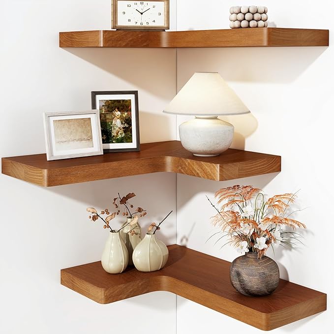 Fixwal Corner Floating Shelves for Wall Mounted Natural Solid Wood 16"x11.4" Farmhouse Home Decor Display Shelving Set of 3 (Rustic Brown)
