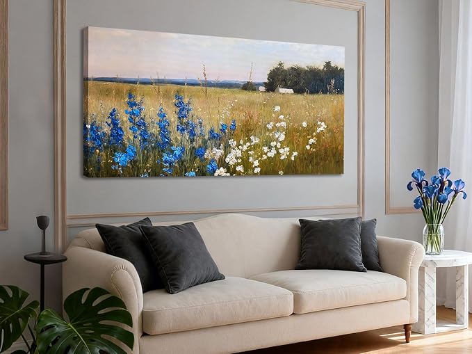 Ardemy Landscape Wall Art Canvas -Texture Strokes Vintage Countryside Serene Extra Large Framed 58"x29" Painting for Living Room, Flower Field Artwork Prints Bedroom Dining Room Home Office Wall Decor