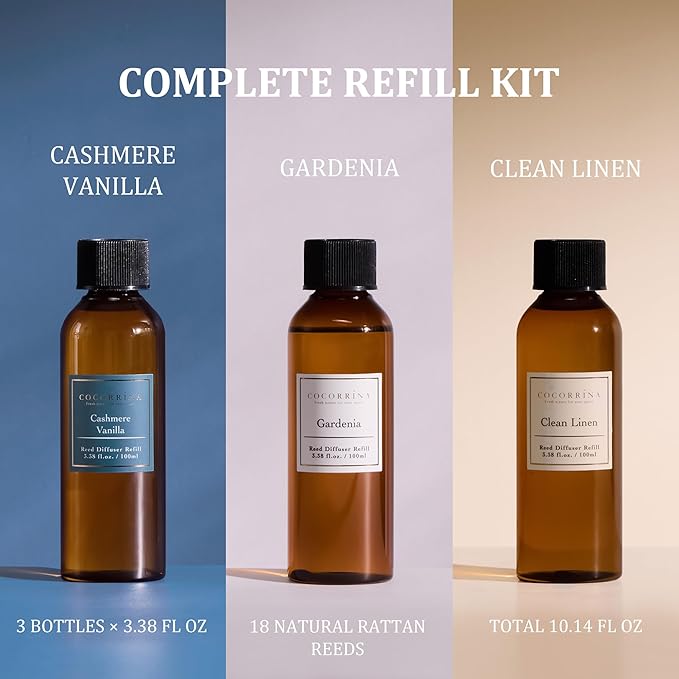 COCORRÍNA Reed Diffuser Refill Set, 10.2oz Scented Oil Refill 3 Pack, Clean Linen, Cashmere Vanilla, Gardenia, Long Lasting Oil Diffuser Refill with 18 Sticks for Bathroom & Bedroom