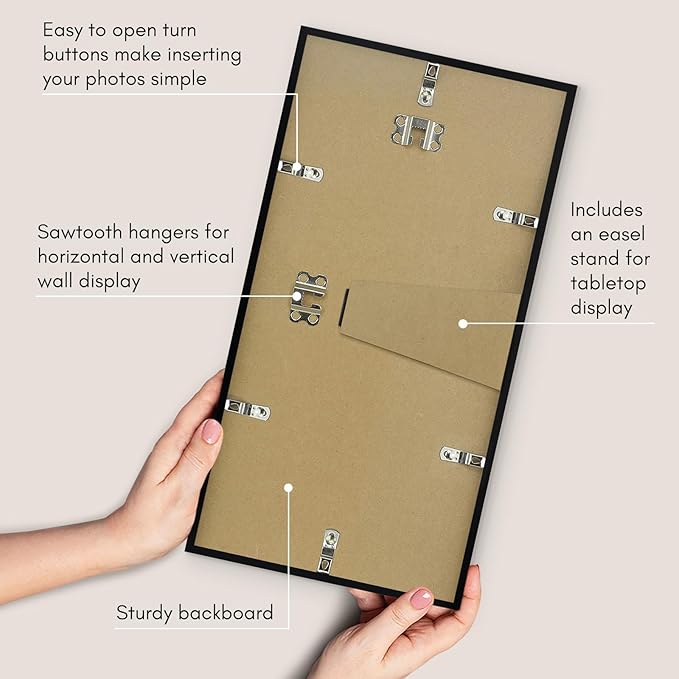 Americanflat 8x16 Picture Frame with Shatter-Resistant Glass - Streamline Collection - Thin Border Photo Frame for Tabletop and Wall Display - Hanging Hardware and Easel Stand Included - Black