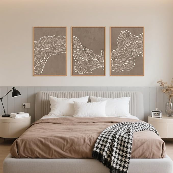 Abstract Line Wave Framed Canvas Wall Art Set,Geometric White Tan Art Painting,Modern Minimalist Wall Decor,Neutral Brown Artwork for Living Room,Bedroom,Dining Room,Office-16 x24 x3