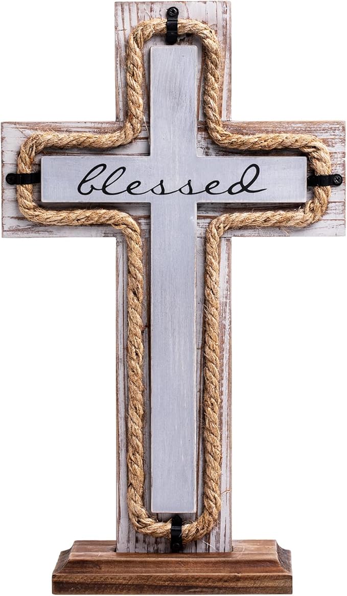 OKSQW Wall Wooden Cross with Wooden Base Christians Crosses Spiritual Religious Cross Christmas Wall Hanging Handmade Wood Hemp Rope & Blessed Design for Church Home Room Décor Wood Crucifix Gift