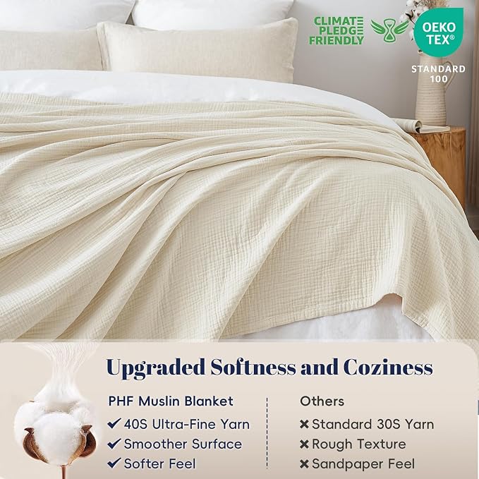 PHF 100% Cotton Muslin Blanket Queen Size 90"x90", 4-Layer Lightweight Gauze Throw, Breathable Cloud-Soft Minimalist Blanket for Bed, Couch, Camping, Birch, Ideal Gift