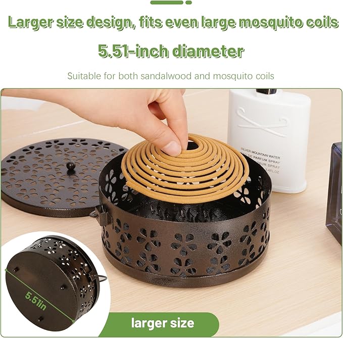 Portable Iron Mosquito Coil Holder with Handle Round Heat-Resistant Incense Holder (2 Pack Bronze)