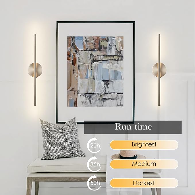 KARTOOSH Battery Operated Wall Sconces with Remote Control, Dimmable Wall Sconces Set of Two, 350°Rotate, 3000K LED Nickel Wireless Wall Light for Living Room, Bedroom, Hallway, 20.4 Inch (2 Pack)