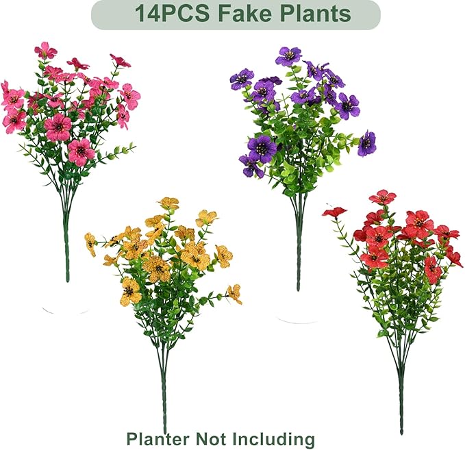 trytuny Artificial Flowers for Outdoor, UV Resistant Fake Silk Flowers, Realistic Faux Plants for Outside Indoor Porch Patio Window Box Planter Home Decor (14, Yellow Purple Rosy Red)