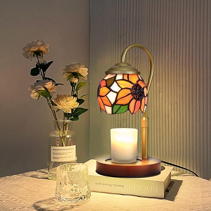 Candle Warmer Lamp - Sunflower Tiffany Style Wood Base Timer | Rsbrillialite Sunflower Candle Warmer Lamp - Tiffany Style Stained Glass Decor with Timer for Room Aesthetic Gifts