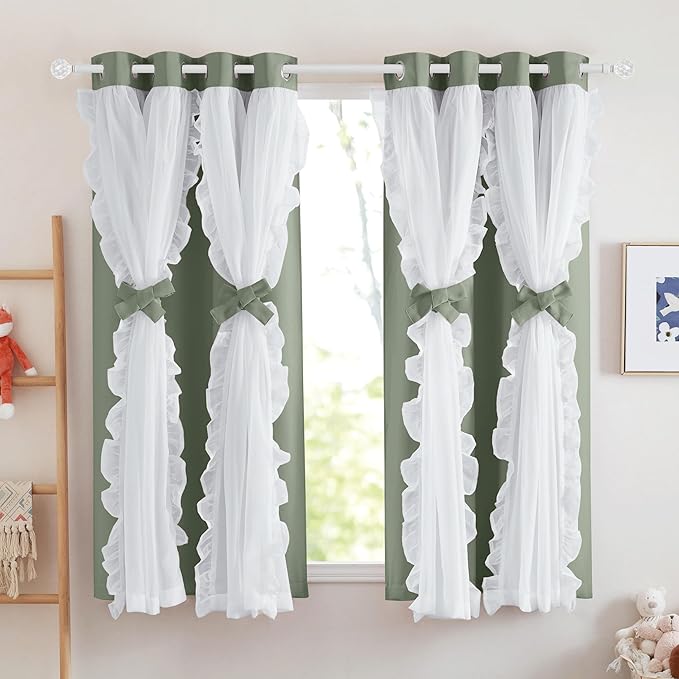 PONY DANCE Blackout Curtains for Living Room Decor Window Treatment Double Layer Drapes Ruffle Sheer Overlay Farmhouse Rustic Design, W 52 x L 63 Inches, Sage Green, 2 Panels