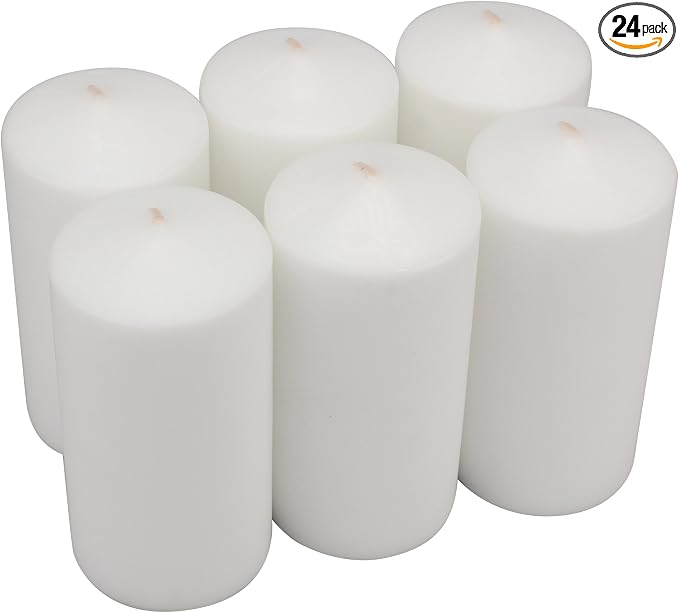 Stonebriar 6 Tall 3 x 6 Inch 65 Hour Long Burning Unscented White Wax Pillar Candles (Pack of 4, 24 Count Total)