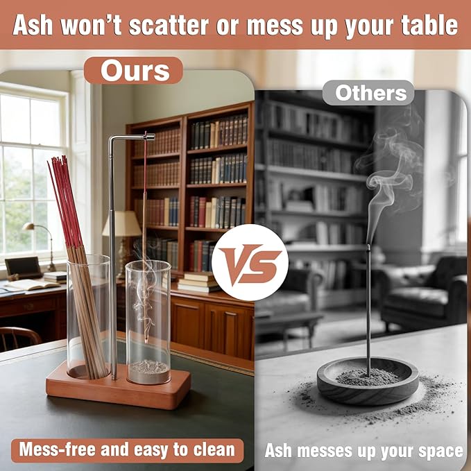 2 in 1 Incense Holder Modern Design– Adjustable Height (8.7"-13.4") with Secure Connection and, Vertical Incense Burner for Sticks & Cones, Glass Ash Catcher for Yoga Meditation Home Office Decor