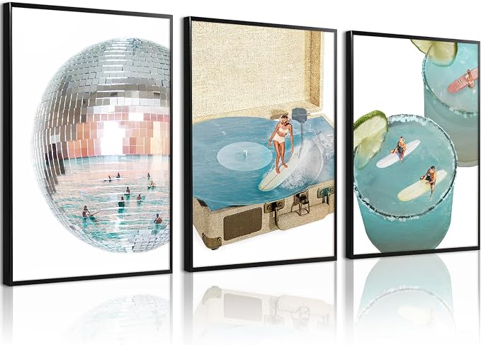 Blue Coastal Groove Wall Art Retro Disco Beach Canvas Poster Summer Surf Wall Decor Trendy Coastal Pictures Ocean Painting Preppy Aesthetic Prints Funky Artwork for Girls Bedroom 16x24 Inch Unframed