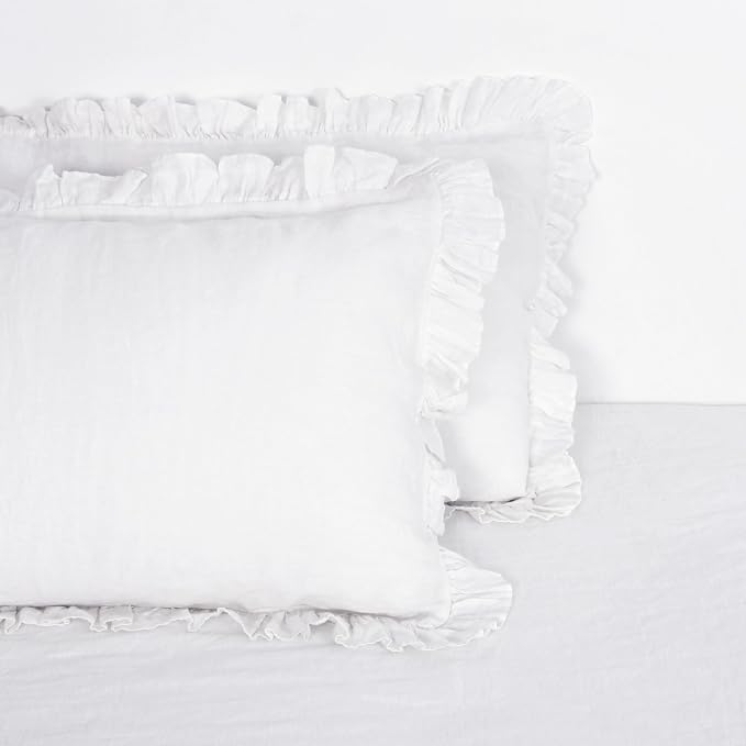 Linen Ruffled Pillow Cases, 100% French Natural Linen Pillowcase Set of 2, Decorative Boho Pillow Cases Ruffle Bedding King Size (20''x40''), White