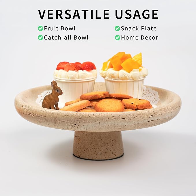 Marble Fruit Bowl for Kitchen - 9.9" Travertine Decorative Stone Pedestal Bowls for Home Decor, Footed Fruits Holder For Dining Table Counter Organization