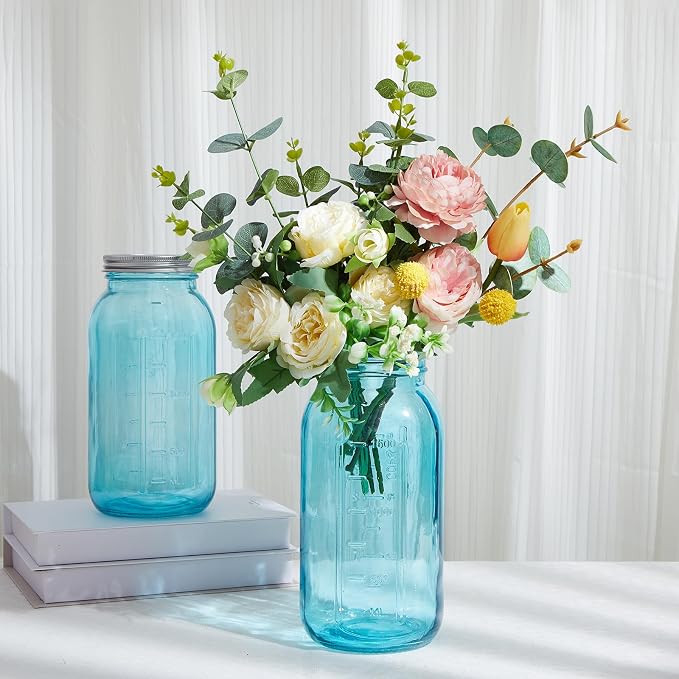 Norme 3 Pcs 64 oz Glass Mason Jars Glass Mason Jars Canning Container Set Embossed Half Gallon Fermenting Container with Airtight Lids for Canning Freezing Preserving Beverages Decor (Blue)