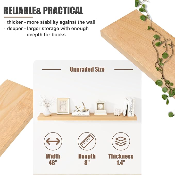 FLYJOE Floating Shelves for Wall, USA-Sourced Beech Wood 48 Inch Long Wall Shelves, Natural Wooden Mounted Picture Ledge Shelf, Nursery Book Storage Shelf Kids Bookshelf, Display Shelf for Bathroom