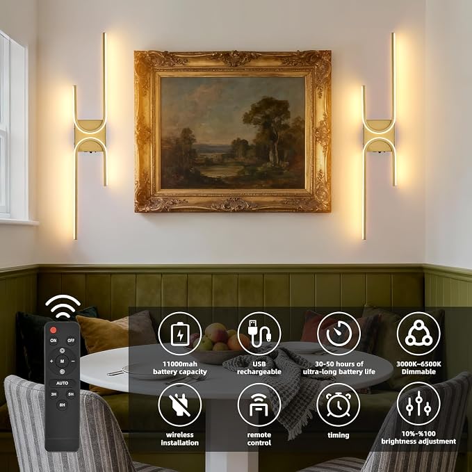 Battery Operated Wall Sconce with Remote Control, USB Rechargeable Wireless Wall Sconce Set of 2, LED Dimmable Wall lamp, 3 Color/Timer/Memory, Gold Wall lights for Bedroom Living Room, 31.5 inch