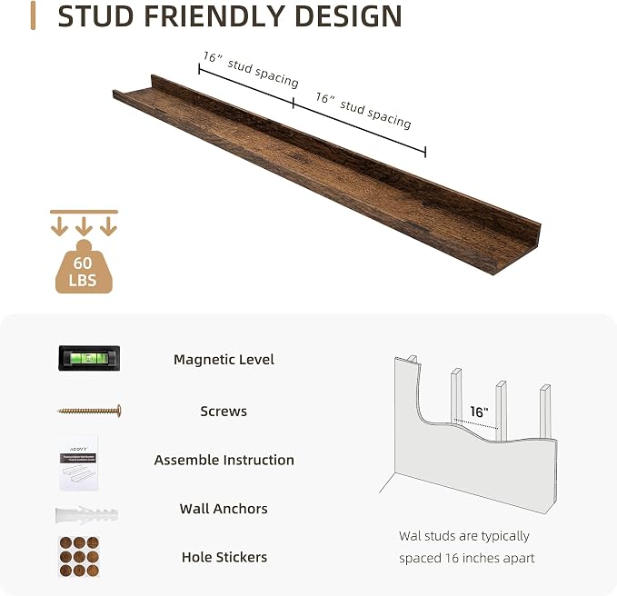 Acovy Picture Ledge Shelf, Wood, 48 inch, Brown, Set of 2 | Long Floating Shelves, Wall Mounted, For Living Room Kids' Room Bedroom, Photo Ledge Nursery Book Shelves