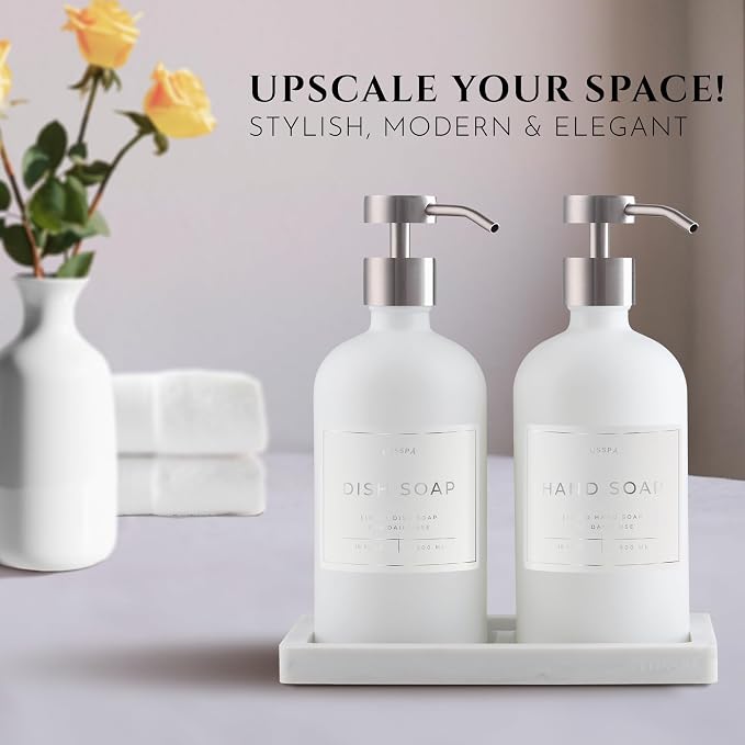 Glass Soap Dispenser Set of 2 (White) with Silicone Tray | Hand and Dish Soap Dispenser for Kitchen and Bathroom | 16.8 Oz Glass Bottles with Stainless Steel Pump & 15 Waterproof Labels (White/Silver)