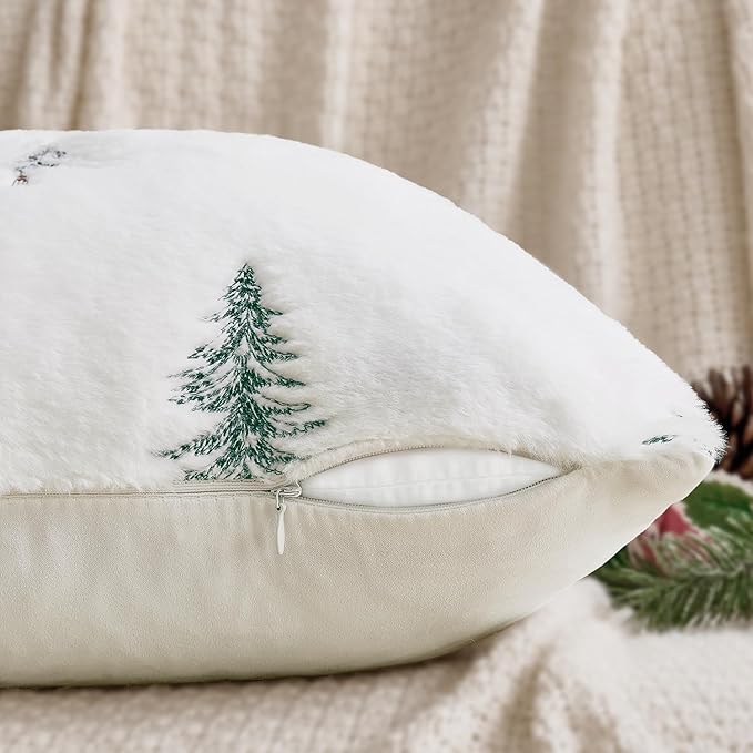 MIULEE Christmas Decorative Pillow Covers Set of 2 Faux Fur Throw Pillows with Embroidered Christmas Tree 18x18 Inch White Green Winter Couch Covers for Festival Sofa Bedroom Living Room Home Decor