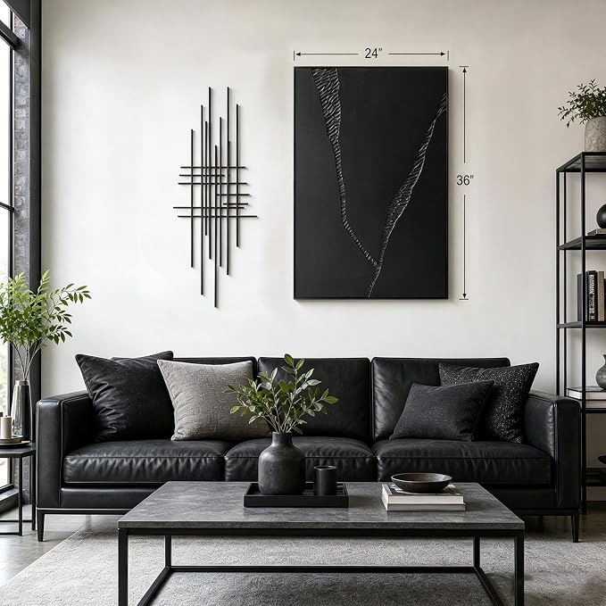 SAFERRYHOME Black 3D Textured Abstract Minimalist Wall Art, 24"x36" Framed | Large Black Modern Framed Wall Decor, Contemporary Painting Artwork for Home Office Living Room Hallway, 24"x36"