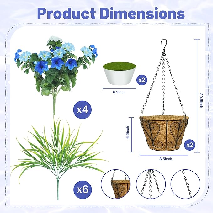 2 Pack Artificial Flowers Hanging Baskets for Outdoors, 10 PCS UV Resistant Faux Outdoor Plants, Fake Petunias Silk Flowers for Garden Balcony Yard Porch Decor (White Blue)