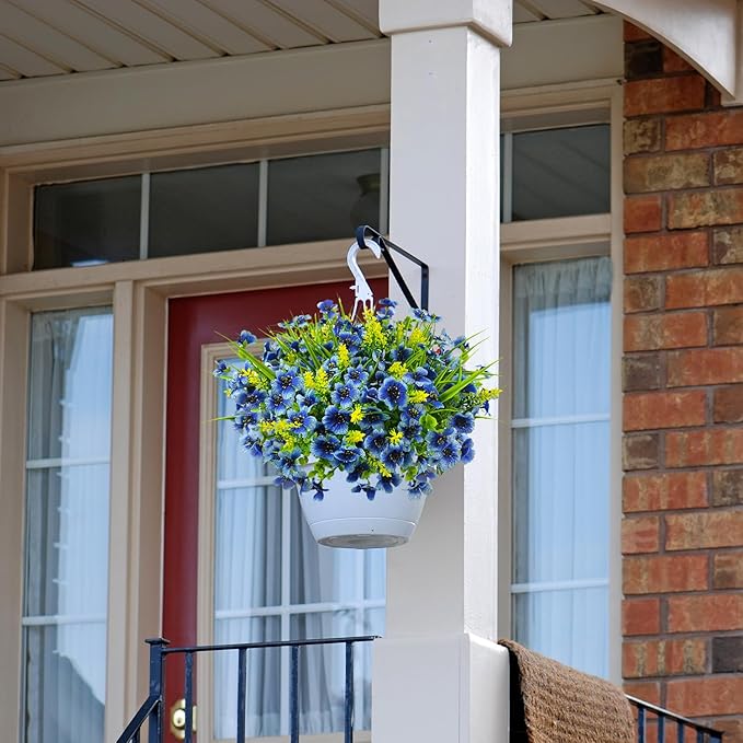 8 Bundles Artificial Flowers Outdoor Silk Fake Plants UV Resistant Faux Plastic Greenery Shrubs for Home Outside Garden Front Porch Window Box Pot Planters Decor (Blue+Yellow)