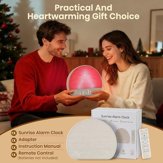 JONRRYIN Sunrise Alarm Clock Wake Up Light for Heavy Sleeper, 37 White Noise Sounds, Tap Snooze, Bluetooth Speaker, Remote Control, USB Port, 15 Color Dimmable NightLight for Bedroom