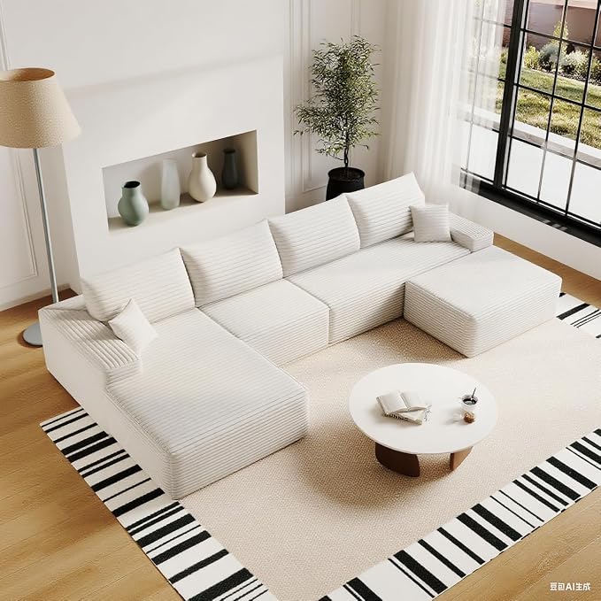 135" U Shaped Sectional Couch with Ottoman, Large Sectional Couches for Living Room, Plush Corduroy Convertible Sleeper Sofa, Compressed Foam Sofa in a Box No Assembly, Left Facing Chaise, White