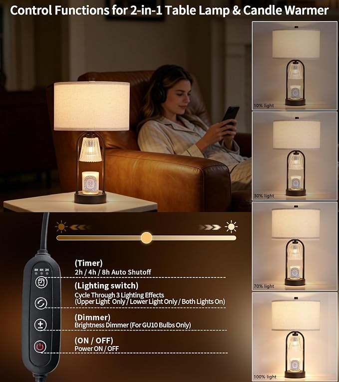 2-in-1 Table Lamp Candle Warmer Lamp with Timer & Dimmer,Modern Wax Melt Warmer for Jar Candles Bedroom Living Room Office Home Decor,Birthday Gifts for Mom Women D12.5*H21.2 Bulbs Included