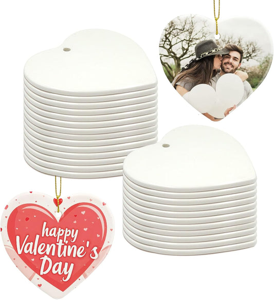 Sublimation Blank Ornaments Sublimation Ceramic Ornament Blanks Bulk Christmas Ornament for Heat Press Printing White Porcelain Ornament Personalized Decoration Supplies for Christmas(25, Heart)