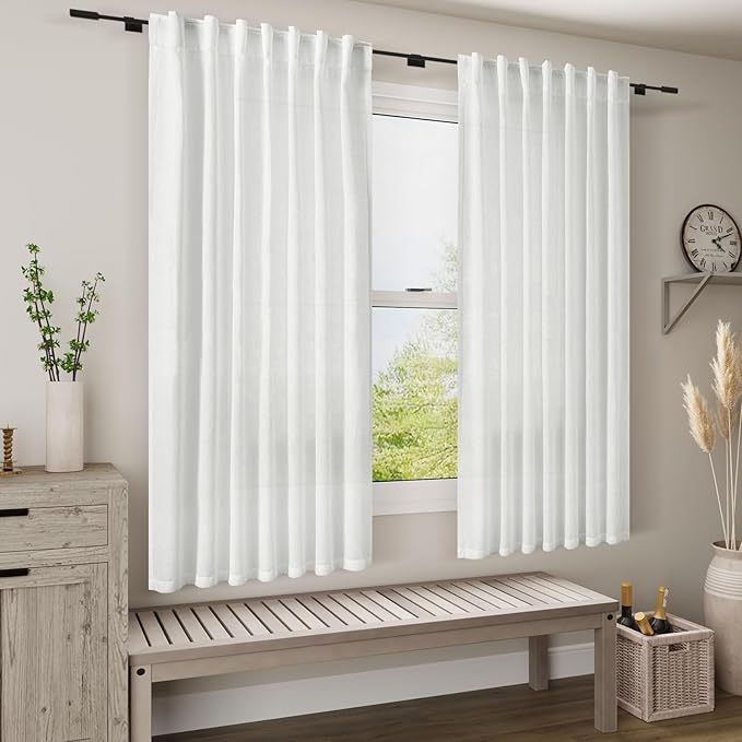 Nanspring White Linen Curtains 80 Inch Length for Living Room Doorway Back Tab and Rod Pocket Light Filtering Curtains Modern Farmhouse for Bedroom Office 34 x 80 Inch, 2 Panels