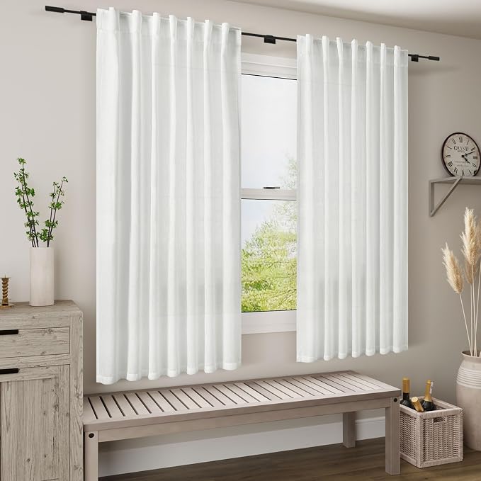 Nanspring White Farmhouse Decor Curtains 63 Inch Length for Living Room Linen Blend Light Filtering Curtains Back Tab and Rod Pocket Textured Curtain for Bedroom 34 X 63, 2 Panels