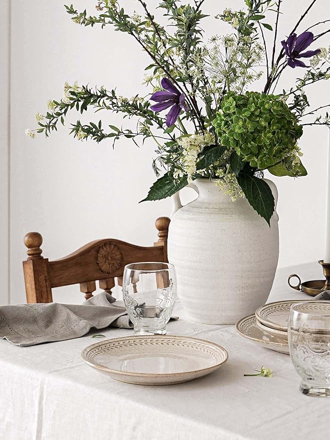 Large White Ceramic Vase - 9.5 Inch Rustic Farmhouse Flower Vase with Handles for Home Decor, Vintage Tall Vase for Living Room, Table, Bathroom, Holiday & Weddings (Sandstone White)
