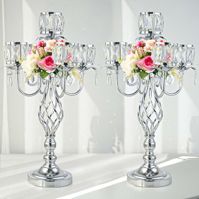 23.2 inch Tall Elegant and Chic 5 Arm Pendant Crystal Candlestick Holder Table Decoration tealight Candle Holder, Candelabra for Gorgeous Wedding/Parties Table Centerpiece (2, Silver)