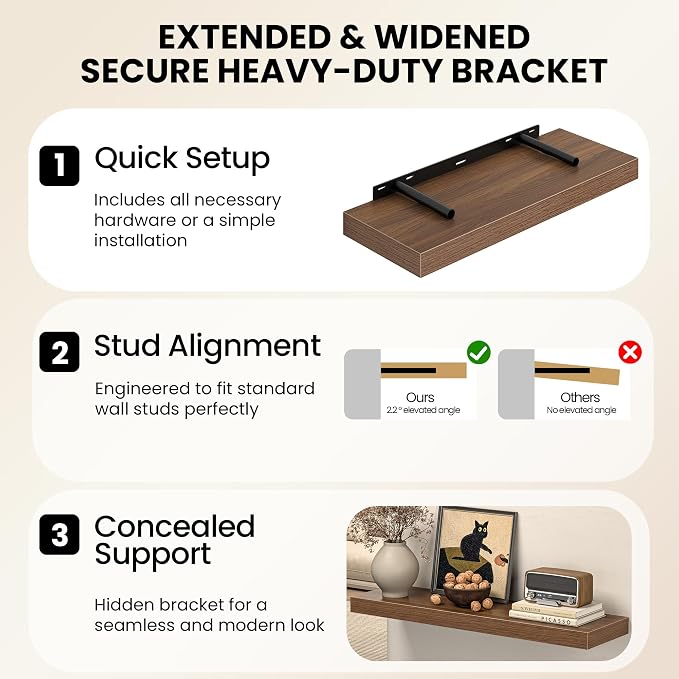 Fun Memories Small Floating Shelves for Wall - 8 Inch Square Wall Shelves with Invisible Brackets, Walnut Shelves for Bathroom, Living Room, Bedroom, and Kitchen Decor, Set of 3