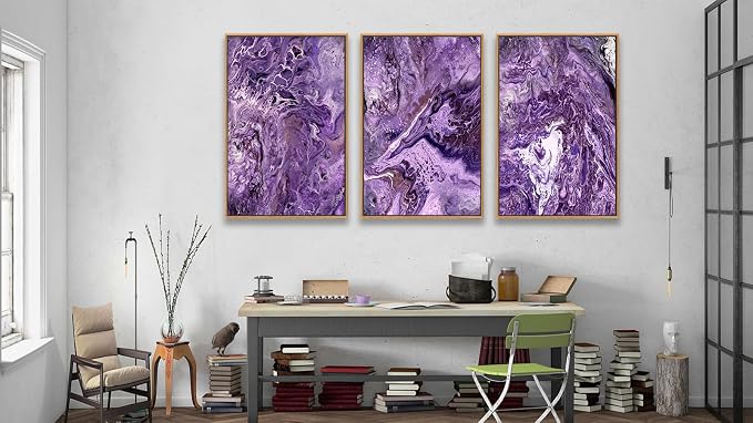 Large Canvas Wall Art for Living Room Natural Wood Float Framed Art Set of 3 Purple Abstract Pictures Minimalist Artwork Canvas Prints for Bedroom Home Office Wall Decor 24X36inX3pcs