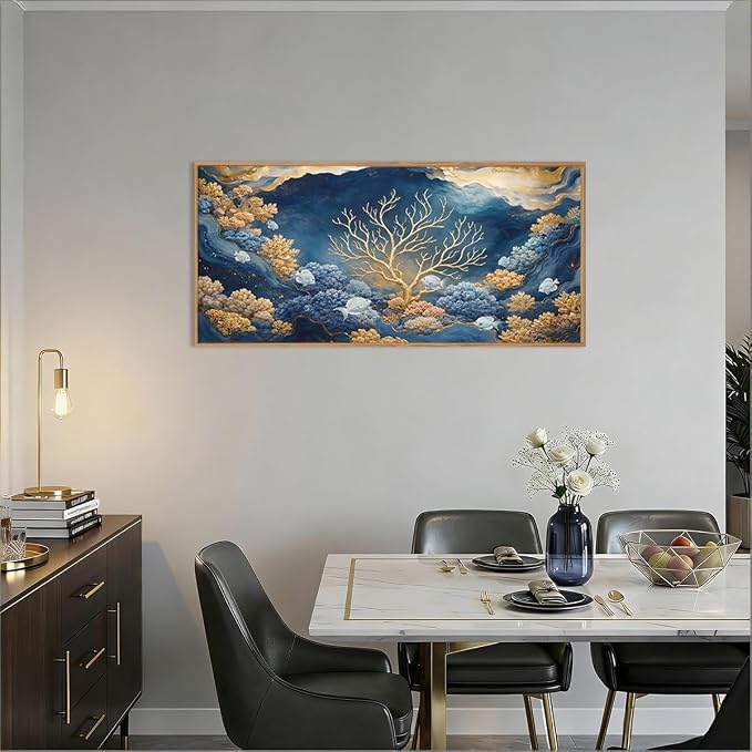 HPNIUB Blue Dreamy Underwater Framed Canvas Wall Art 40"x20" | Modern Gold Coral Seascape Decoration Abstract Navy Ocean Marine Fish Artwork Living Room Bedroom Farmhouse Office