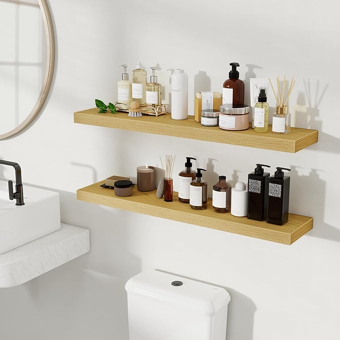 Fun Memories Rustic Wood Floating Shelves for Wall, Space-Saving Wall Mounted Shelves for Bathroom, Bedroom, Living Room and Kitchen, Stylish Storage & Display (Set of 2, Oak, 36 in)