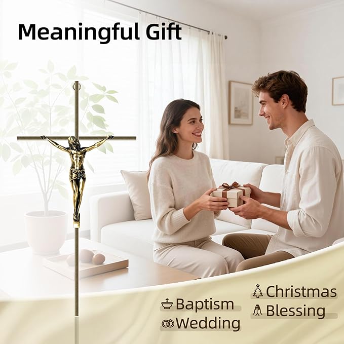 KUXBET Catholic Crucifix Wall Cross, 16 inch Metal Jesus Christ Cross, Handmade Hanging Wall Décor for Home, Religious Devout Give Faith Gift (16.0inch, Vintage)