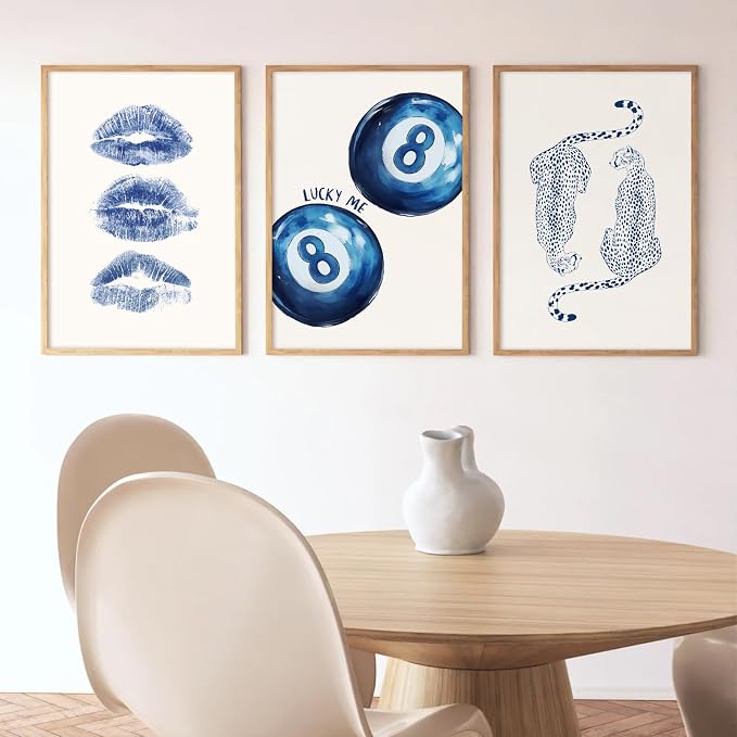 Leopard Wall Art Cheetah Canvas Prints Trendy 8 Ball Wall Decor Preppy Aesthetic Poster Lucky Leopard Pictures Funky Painting Navy Kiss Artwork for Bedroom Living Room 12x16 Inch Unframed Set of 3