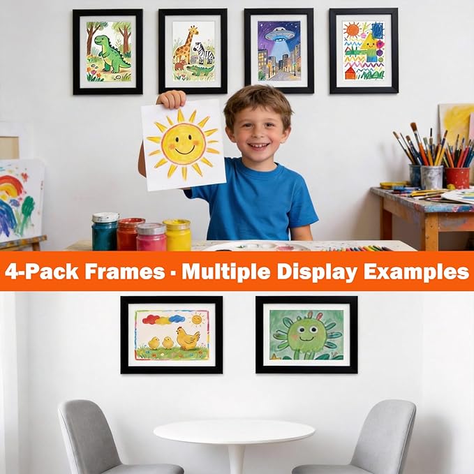 Kids Art Frames 8.5x11, 4-Pack Front Opening Changeable Picture Frames for Kids Artwork, Holds 150 Pieces Each, Artwork Storage and Wall Display Frame for Drawings, Portfolio, Black